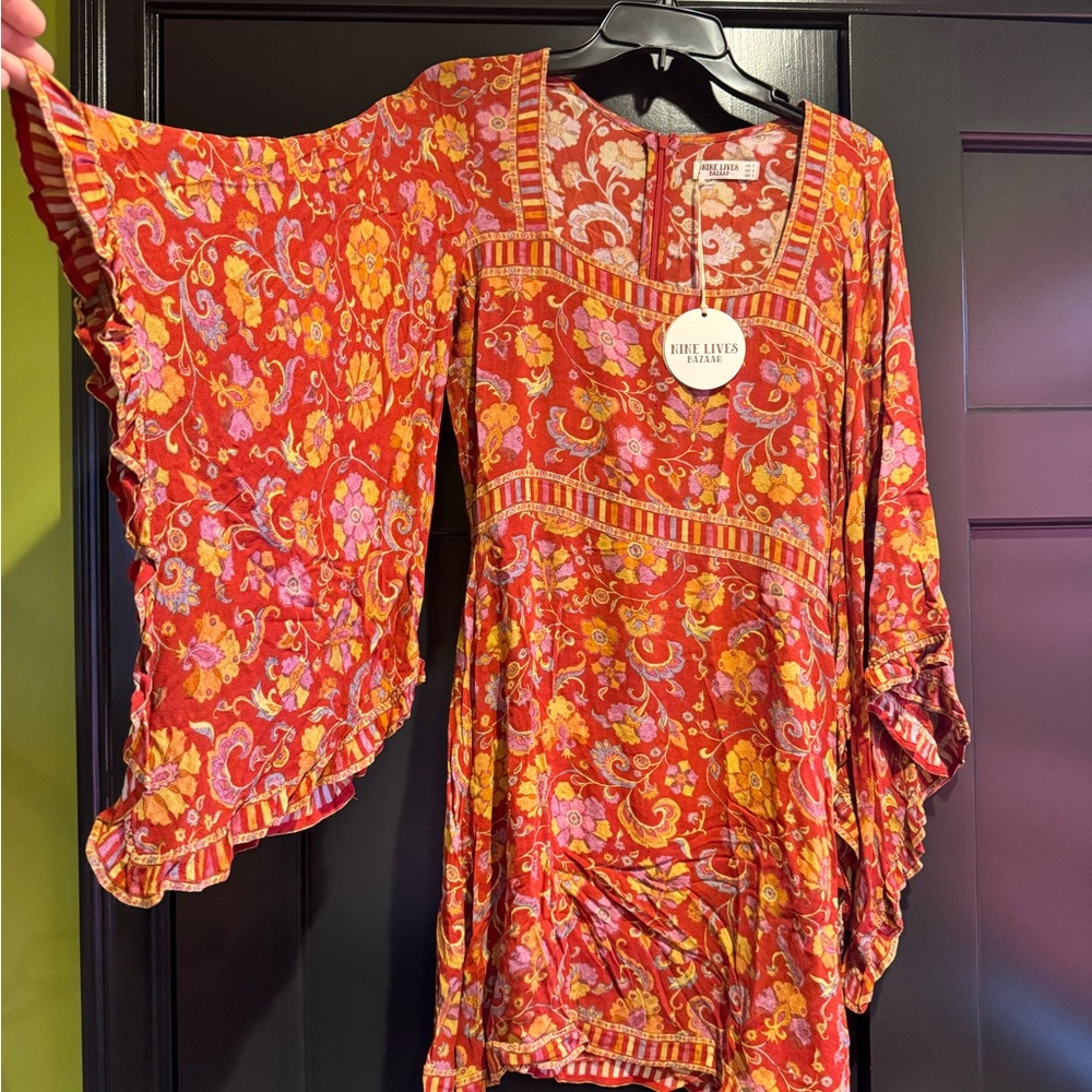 Nine Lives Bazaar Red and Orange Paisley Mini Dress